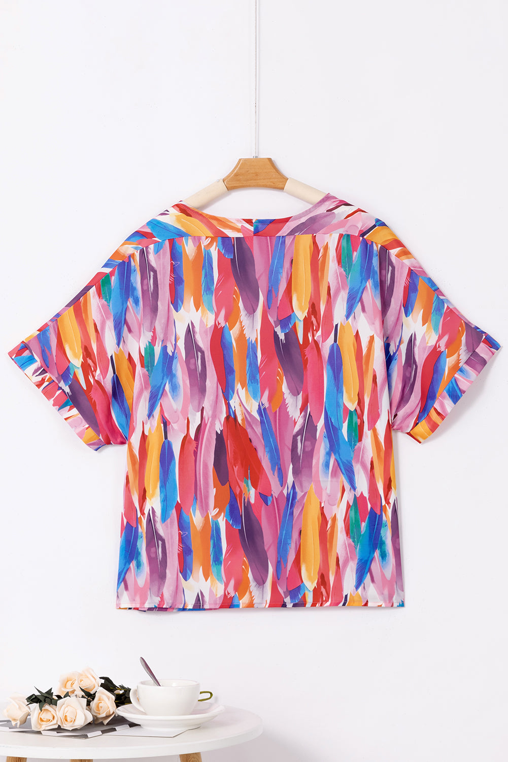 Multicolour Whimsical Feather Print V Neck Blouse