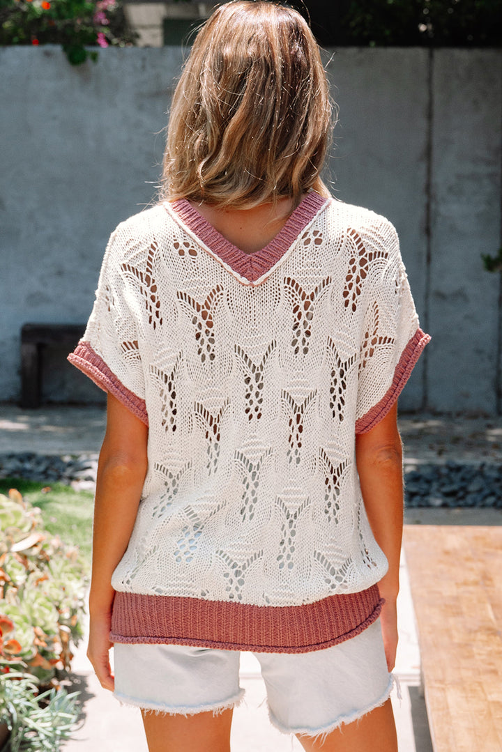 Isla Embroidered Flowers Colorblock Edge Hollowed Sweater