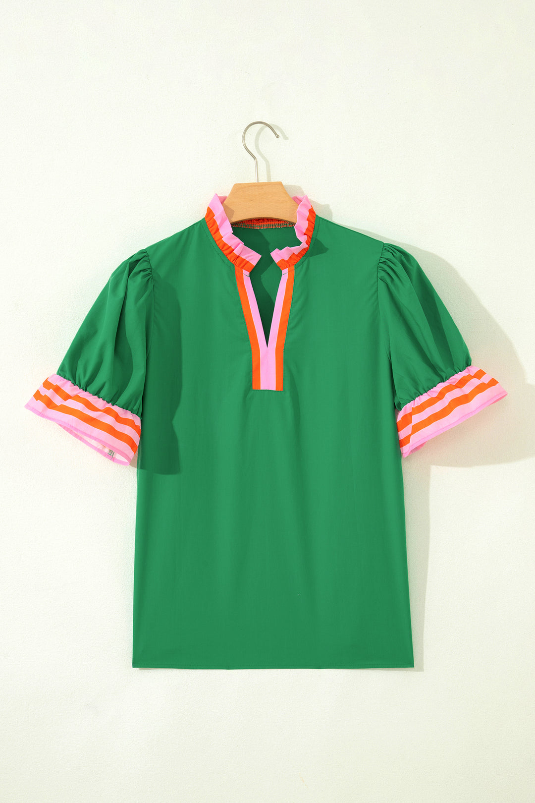 Sky Blue Striped Frilled Collar Ruffled Short Sleeve Blouse