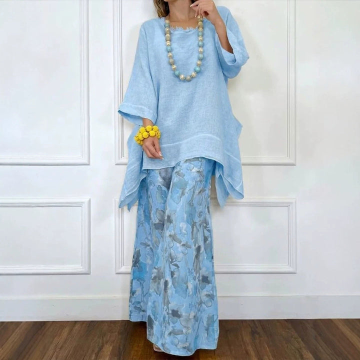 Cotton-Linen Irregular Hem Drop-Shoulder Top &amp; Wide-Leg Pants Set | 3 Colors