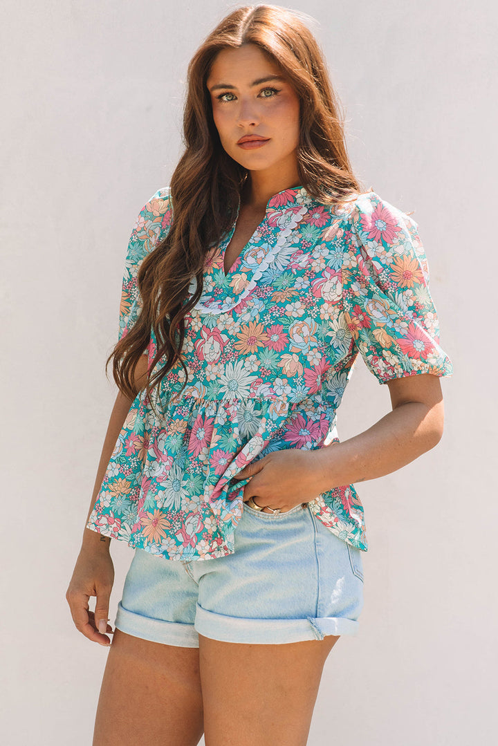 Amaris Notched Neck Puff Short Sleeve Floral Blouse
