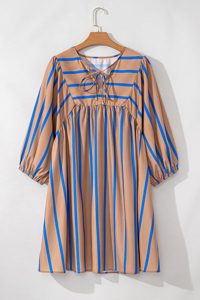 Khaki Stripe Contrast Striped Print 3/4 Sleeve Babydoll Plus Size Dress