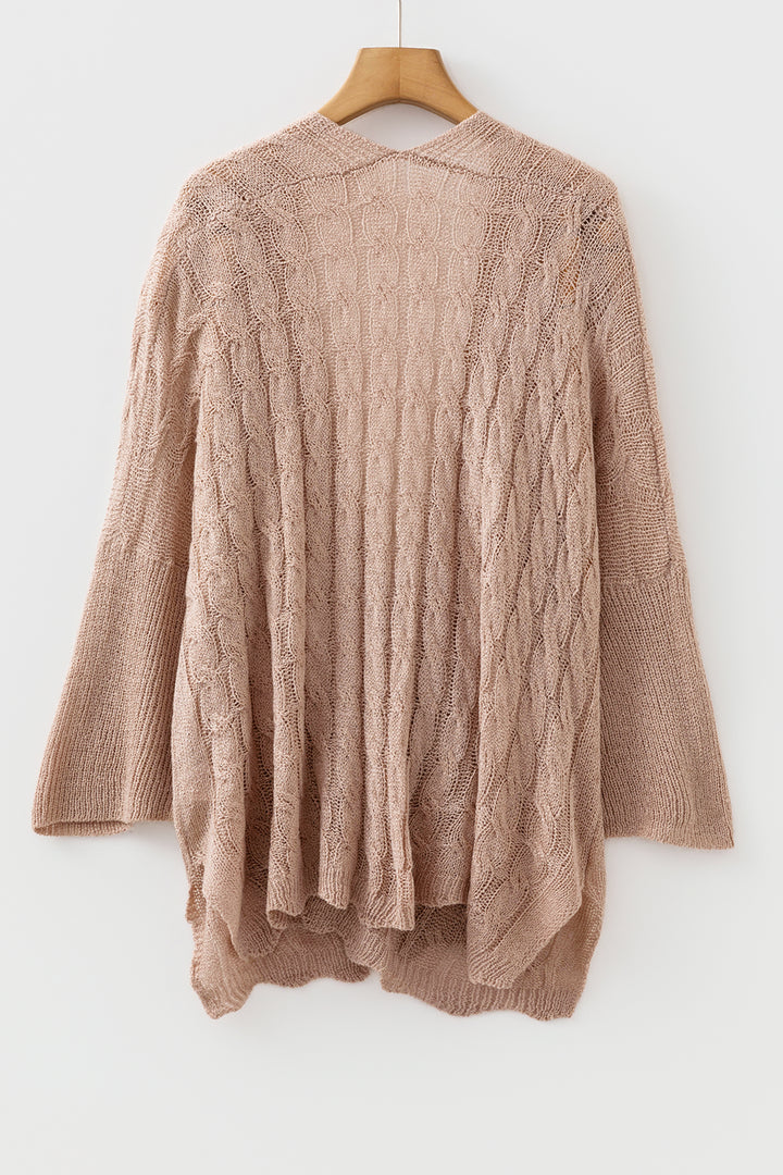 Old Rose Hollowed Pattern Knit Drop Shoulder Open Sweater Cardigan