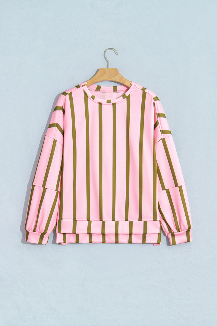 Pink Stripe Dropped Shoulder Round Neck Casual Sweatshirt