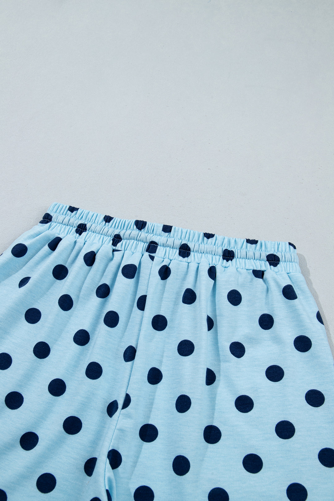 Sky Blue Polka Dot Drop Shoulder Polo Loose Pullover Patch Pocket Casual Shorts Set