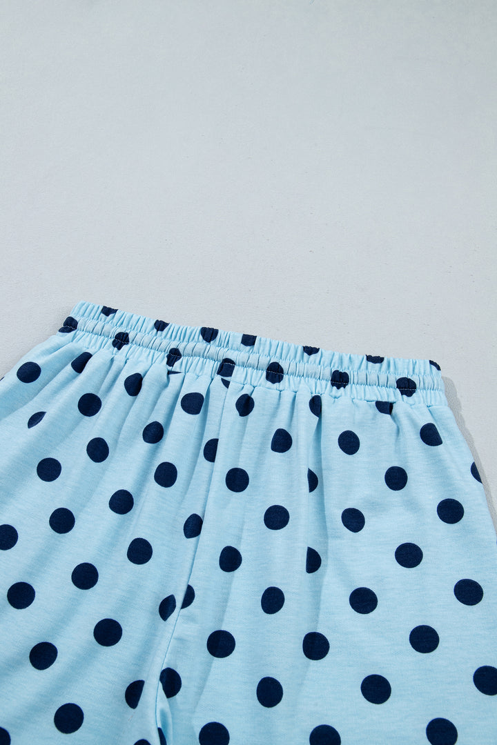 Sky Blue Polka Dot Drop Shoulder Polo Loose Pullover Patch Pocket Casual Shorts Set