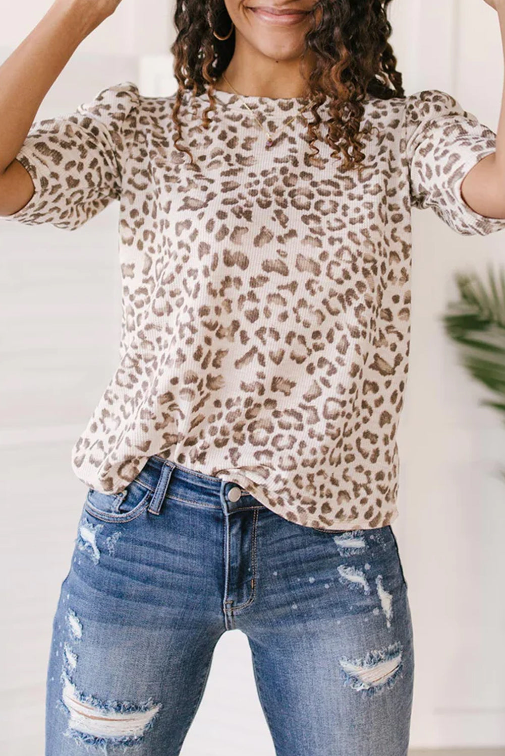 Multicolour Textured Leopard Print Ruched Sleeve T Shirt