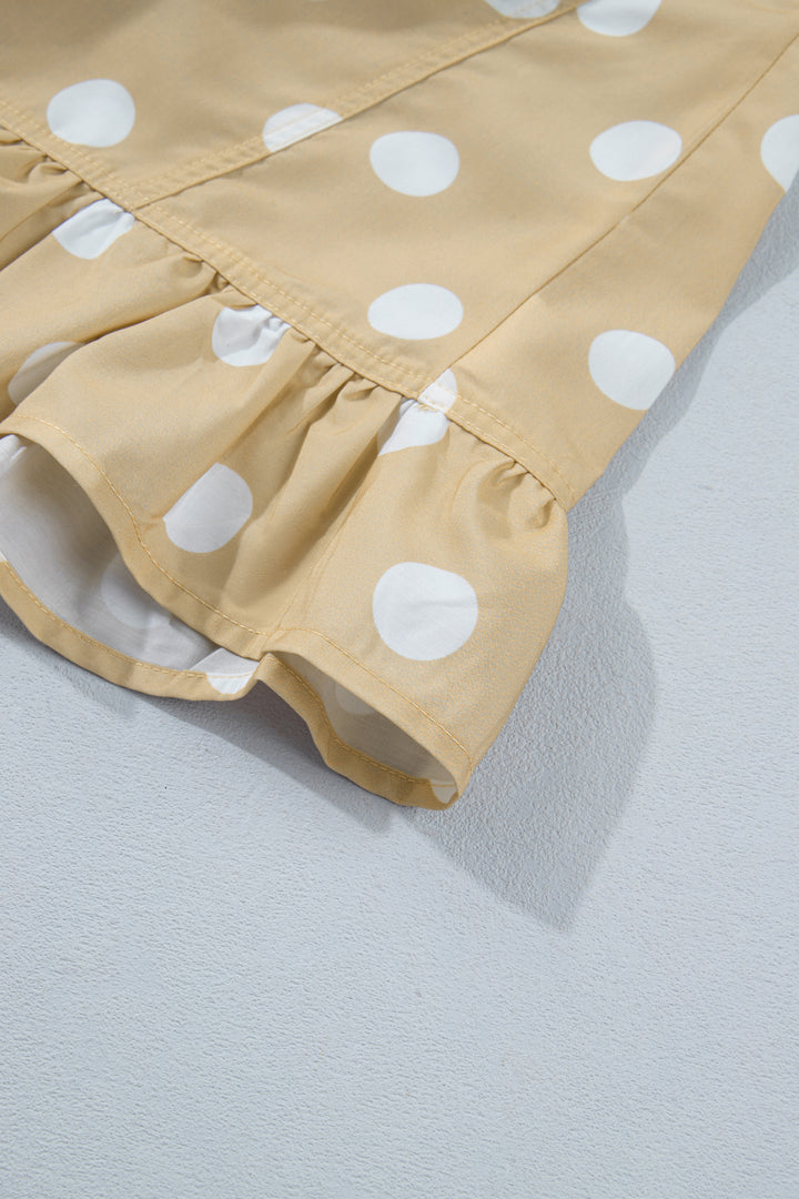 White Polka Dot Print Three Quarter Sleeve Ruffle Hem Casual Shirt