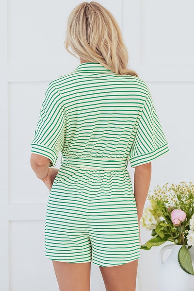 Green Stripe Textured Short Sleeve Collared Buttoned Waist Tie Romper