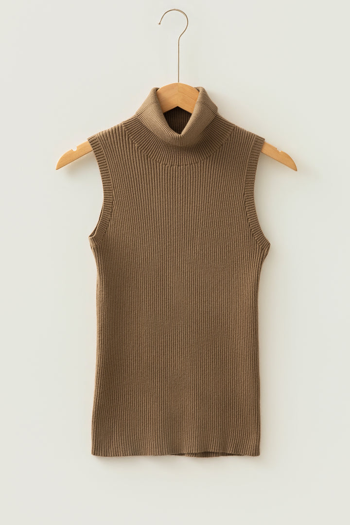 Light French Beige Western Ribbed Knit High Neck Sleeveless Waist Slim Fit Sweater Vest