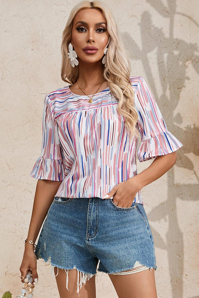 White Multicolor Striped Splash Half Sleeve Blouse