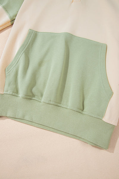 Laurel Green Colorblock Patchwork Buttoned Collar Kangaroo Pocket Sweatshirt