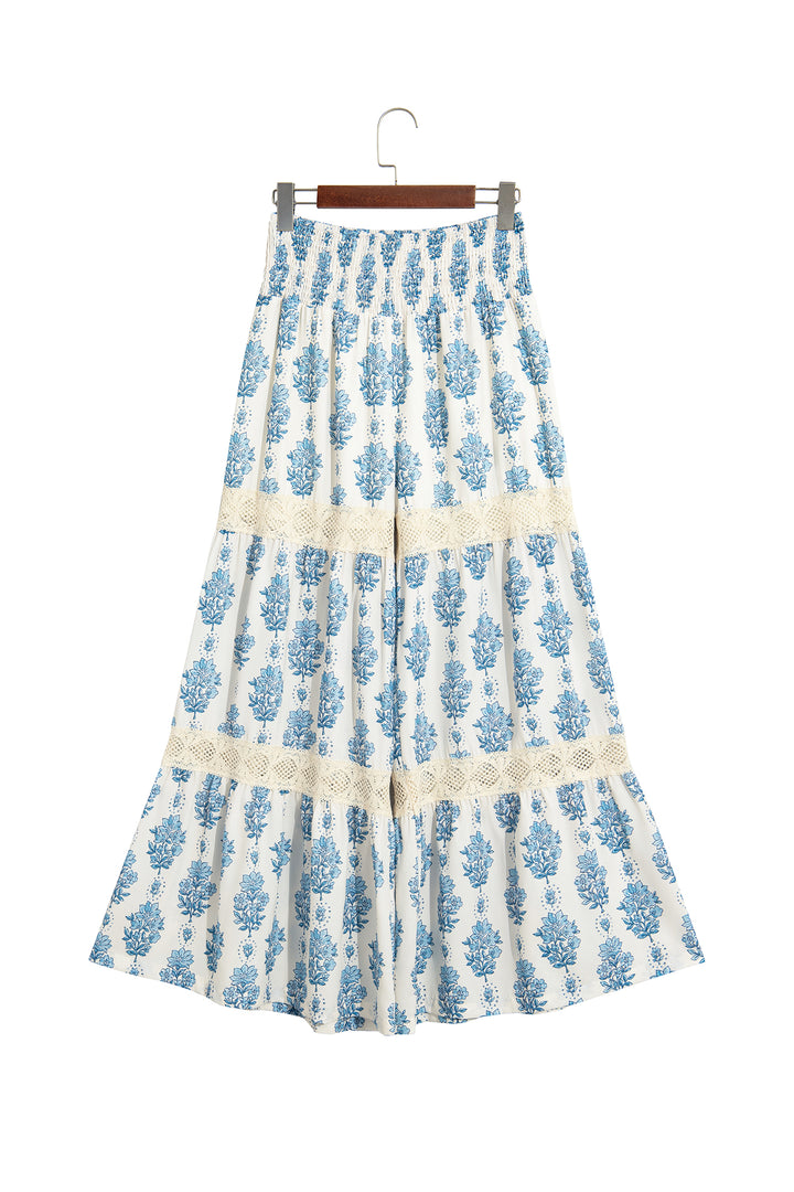 Sky Blue Floral Print Lace Patchwork Detail Wide Leg Pants
