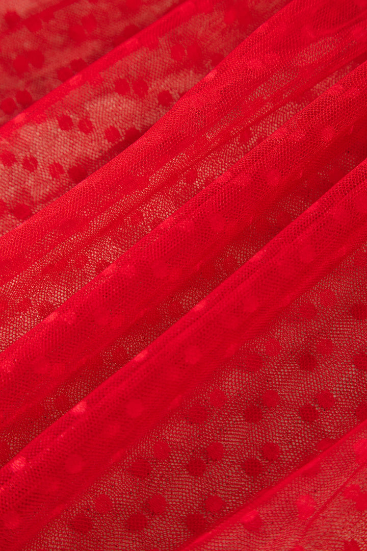 Fiery Red Tiered Tulle Smocked Bodice Puff Sleeve Dress