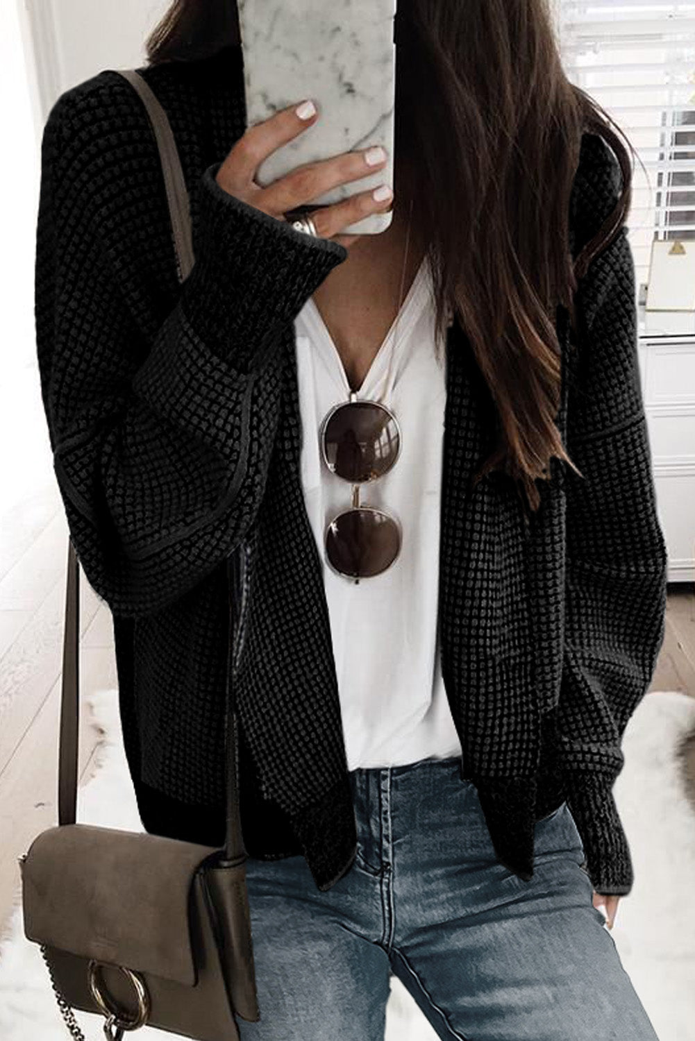 Grey Plaid Contrast Trim Open Front Cardigan