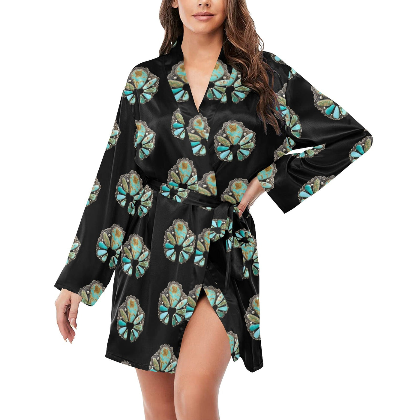 Turquoise Naja Women's Long Sleeve Belted Satin Feel Dressing Lounge Robe