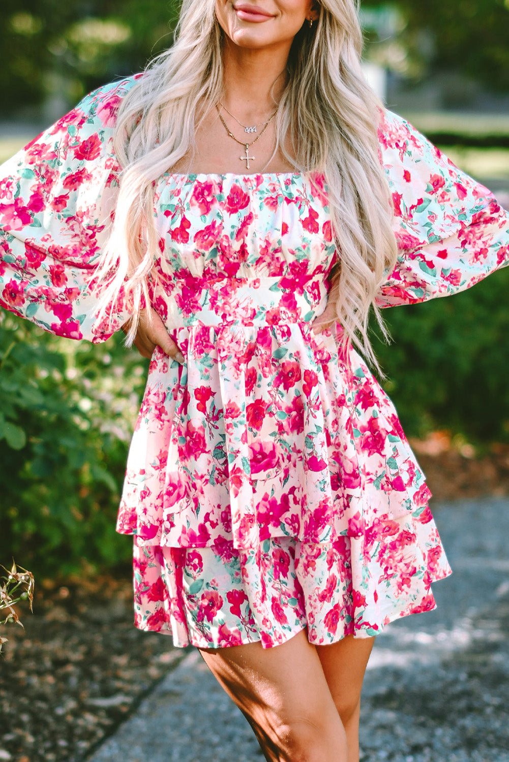 Pink Ruffle Tiered High Waist Puff Sleeve Floral Dress