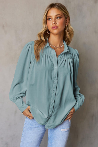 Sky Blue Solid Color Button Up Puff Sleeve Blouse