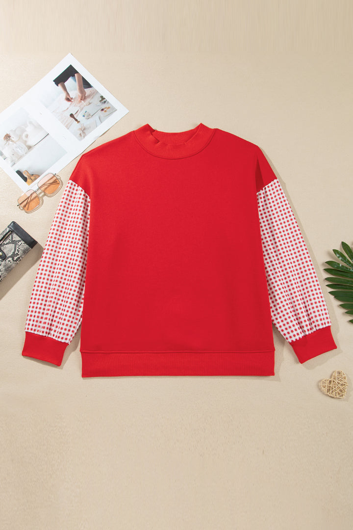 Fiery Red Patchwork Plaid Loose Fit Long Sleeve Plus Size Sweatshirt