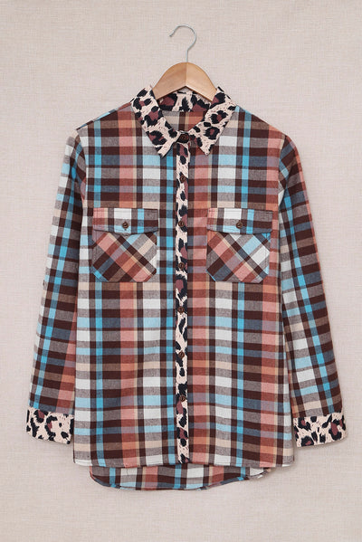 Multicolor Plaid Print Leopard Trim Shirt Jacket