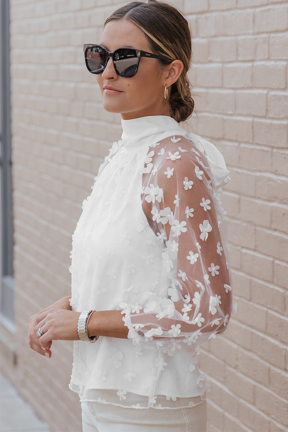 White Mock Neck Floral Mesh Long Sleeve Top