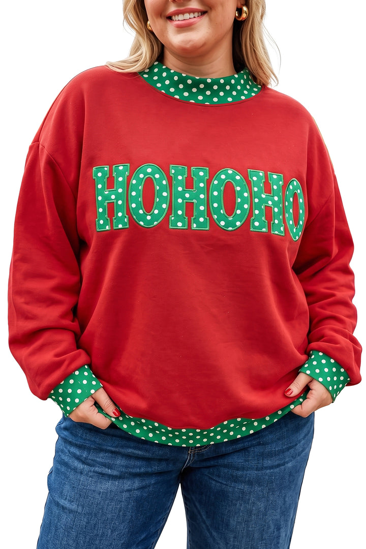 Tomato Red Casual Polka Dot Patchwork Letter Graphic Plus Size Sweatshirt