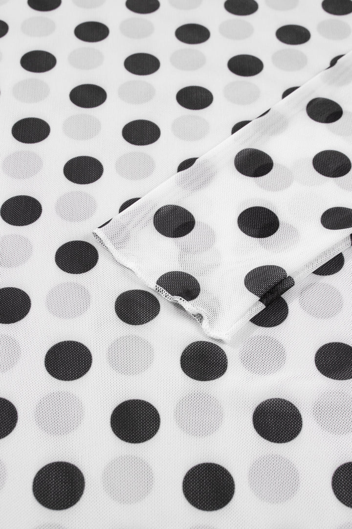 White Polka Dot Sheer Long Sleeve Round Neck Slim Top