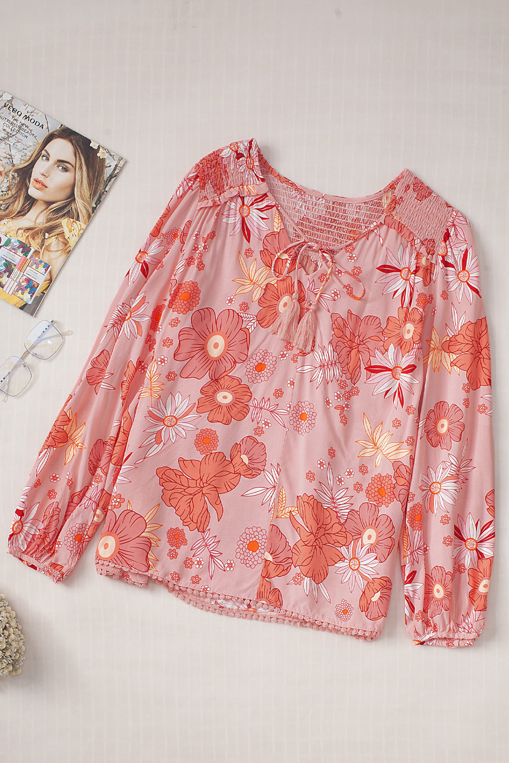 Multicolor Floral Tasseled V Neck Puff Sleeve Blouse