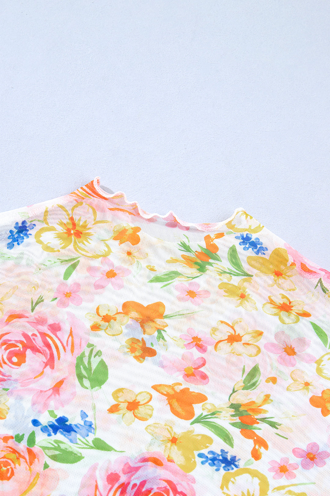 White Lettuce Trim Floral Print Sheer Mesh Long Sleeve Top