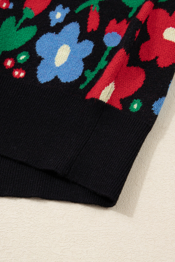 Black Floral Print V Neck Buttoned Short Cardigan Sweater