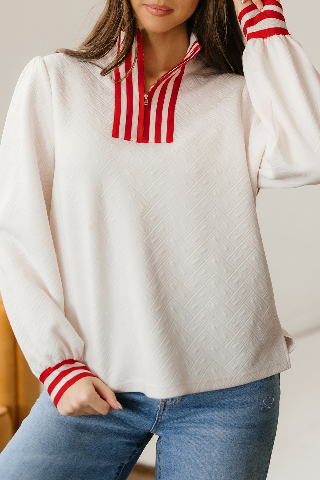 White Textured Knit Contrast Striped Accent Zipped Collar Pullover Top