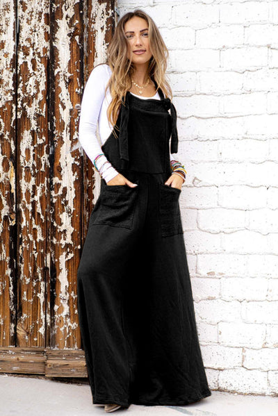 Black Knotted Straps Patch Pocket Wide Leg Jumpsuit