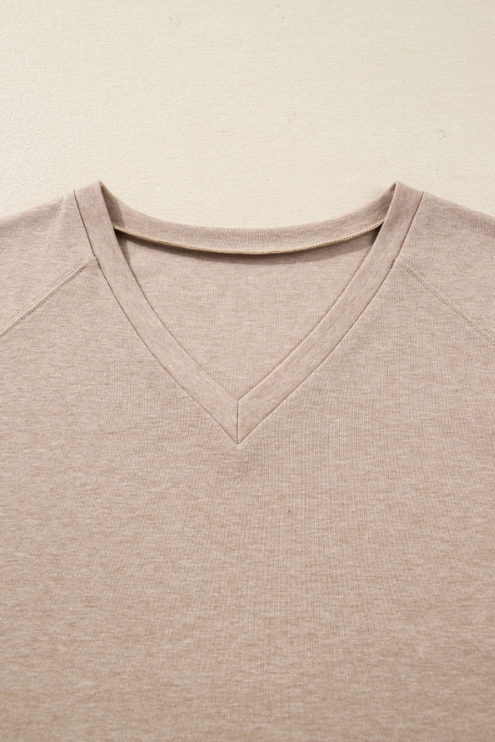 Oatmeal V Neck Contrast Lace Patchwork Long Sleeve Top