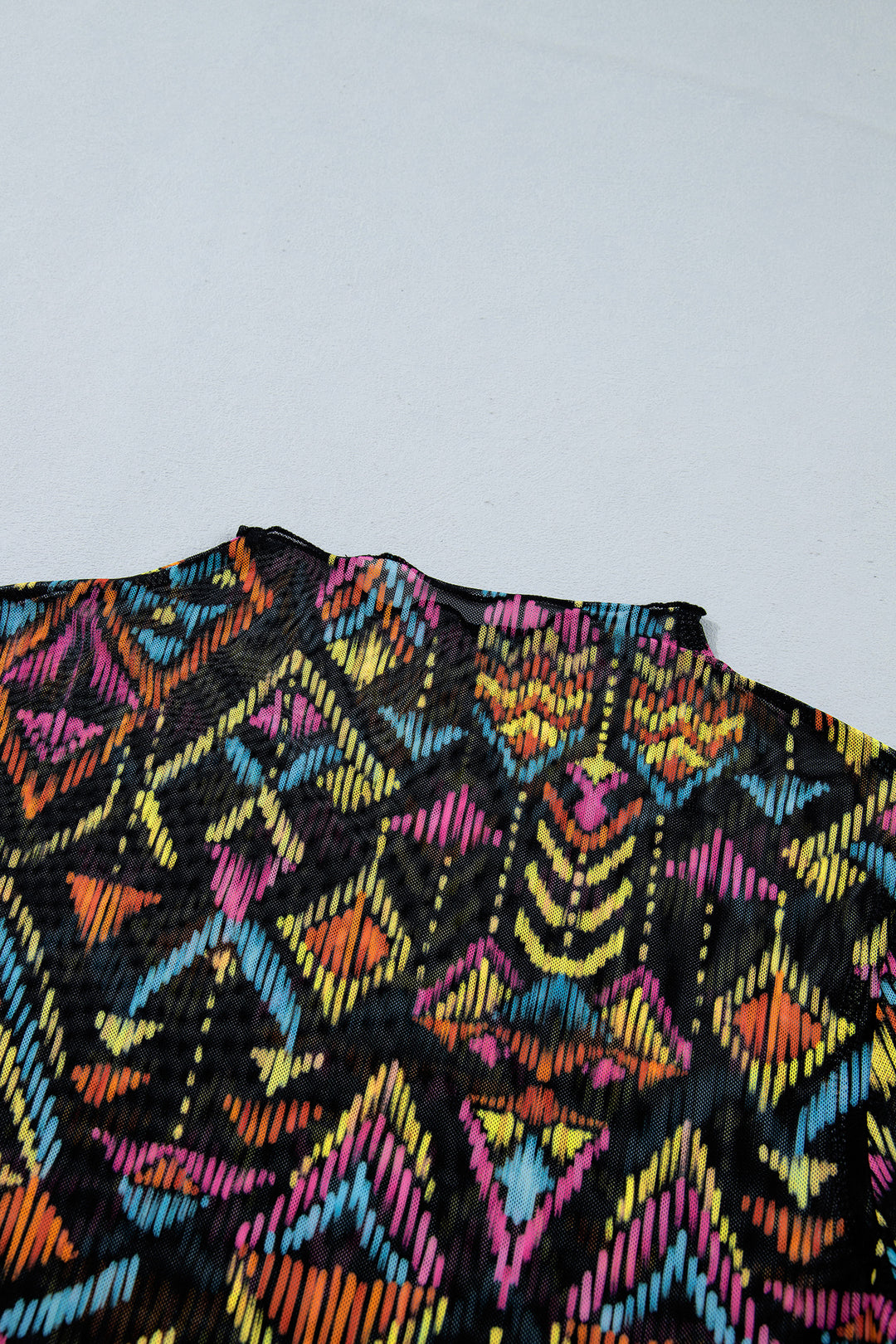Color black Abstract Print Long Sleeve Stand Neck Mesh Top