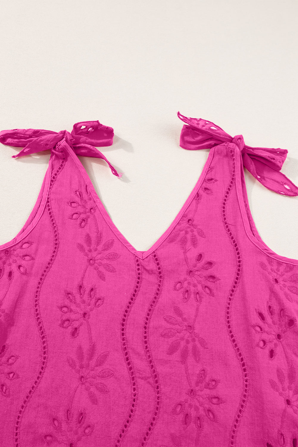 Rose Red Embroidery Patterned Knotted Straps V Neck Tank Top