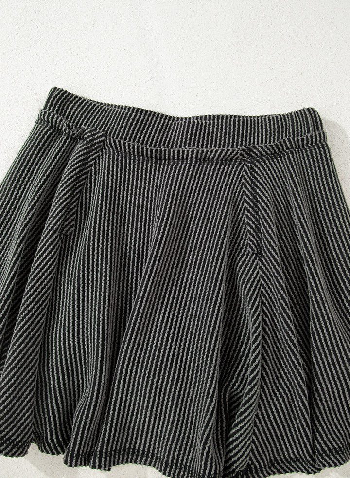 Dark Grey Corded Lantern Sleeve Top High Waist Ruffled Mini Skirt Set