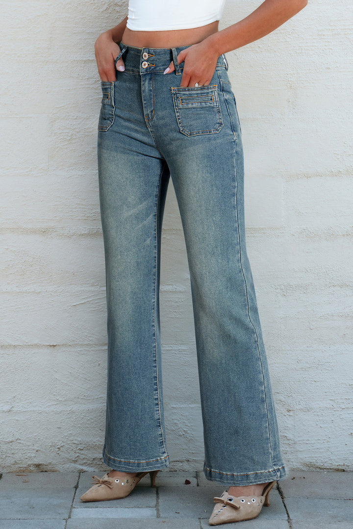 Amyra Double Button Patch Pocket Flare Leg Jeans
