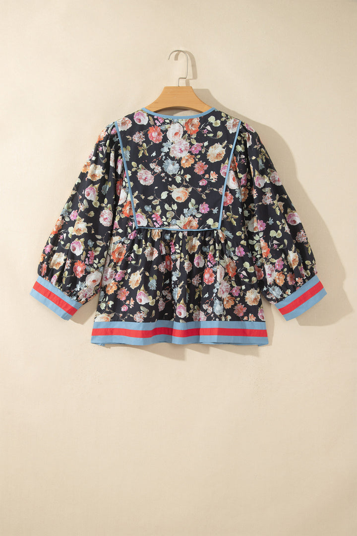 Black Floral Print Contrast Trim Tie V Neck Bracelet Sleeve Blouse