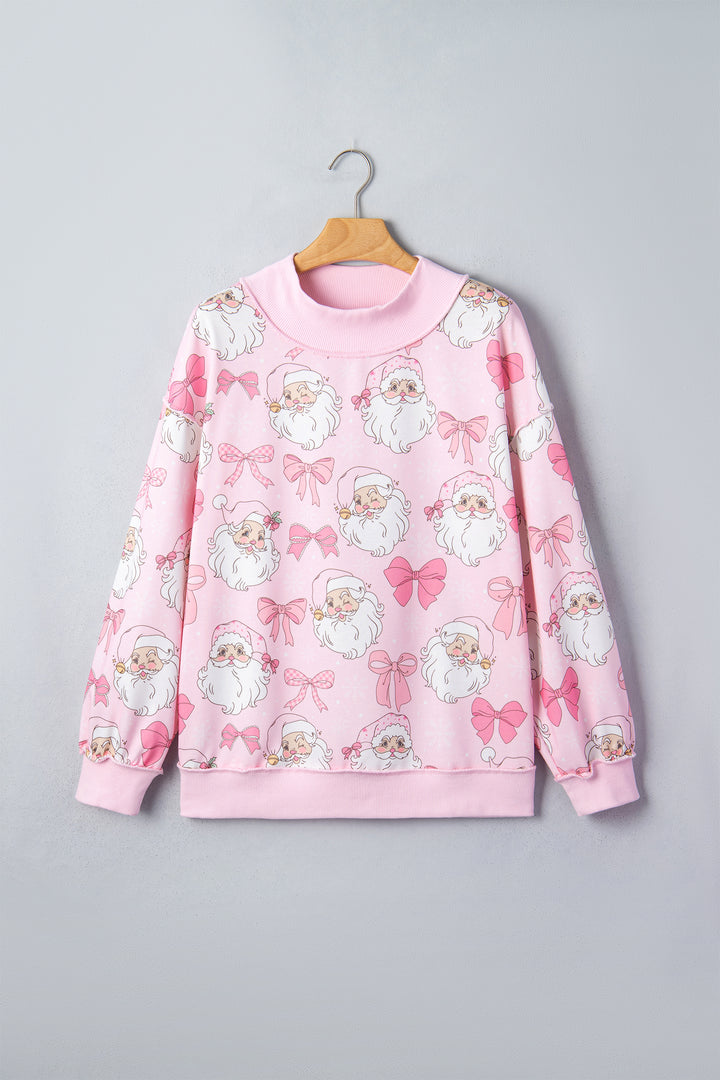 Pink Abstract Santa Print Drop Shoulder High Neck Sweatshirt
