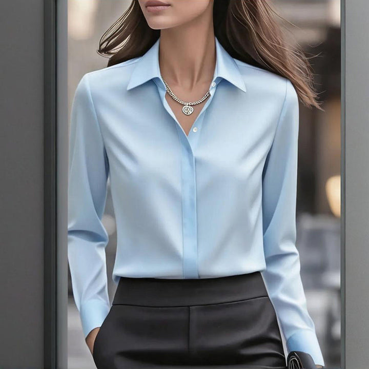 Loose Fit Satin Blouse — V-Neck Long Sleeve Tunic Top for Office &amp; Casual Wear