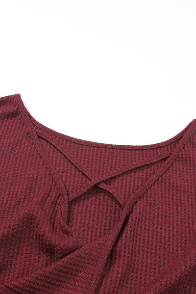 Burgundy Sequin Patchwork Sleeve Open Back Waffle Knit Top