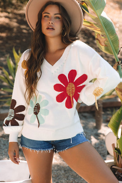 White Big Flower Pattern V Neck Drop Shoulder Sweater