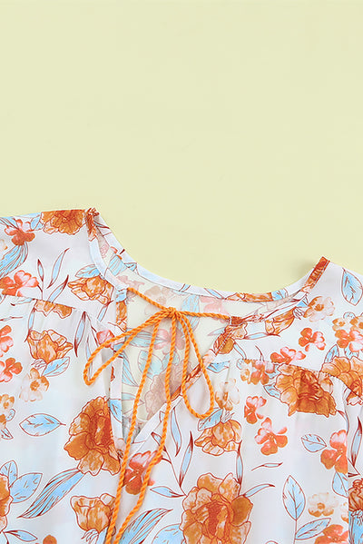 Orange Split V Neck Floral Print Dolman Blouse