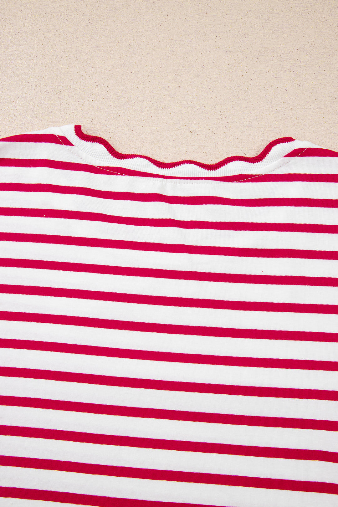 Red Stripe Scalloped Trim Round Neck T Shirt