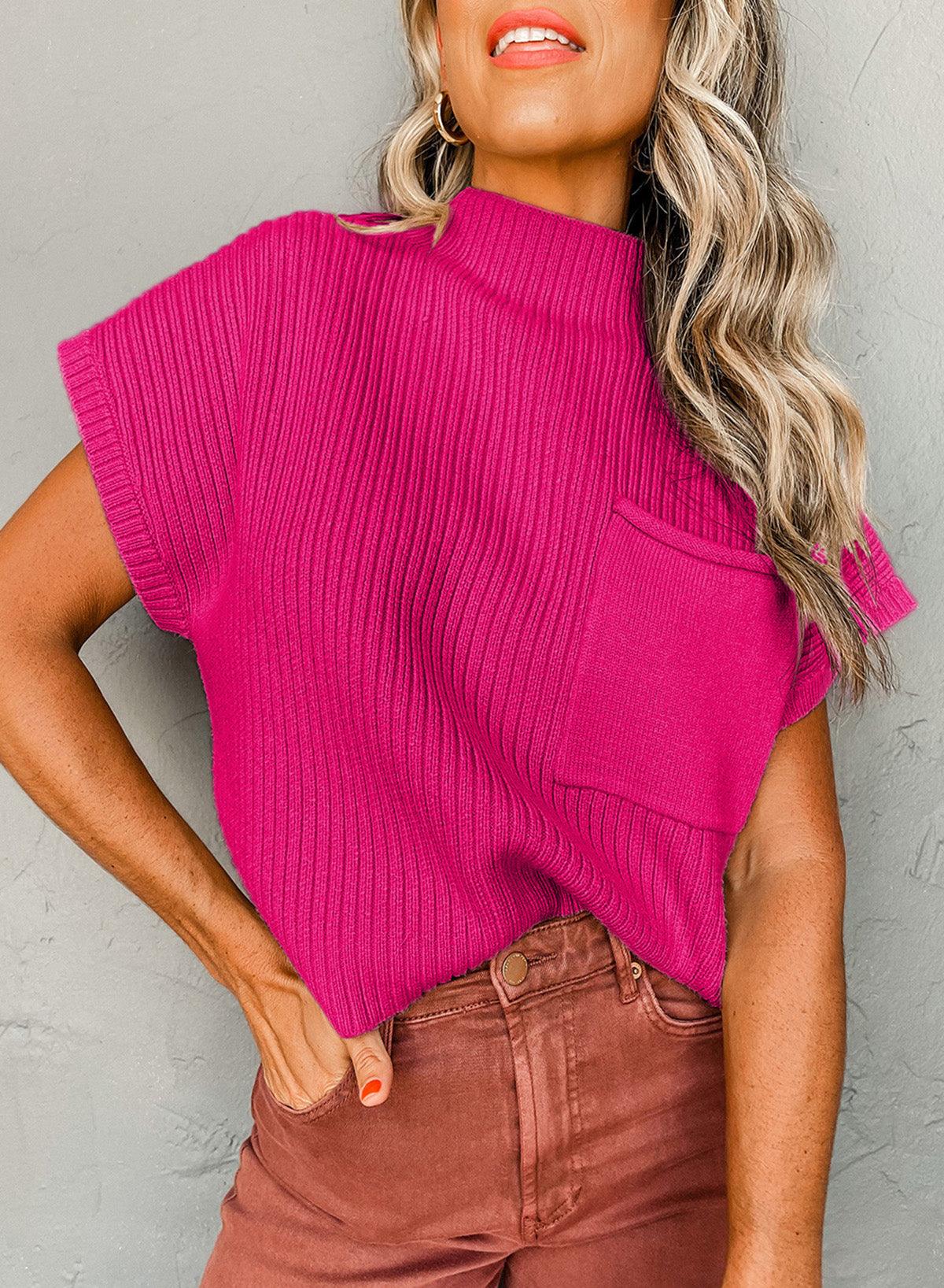 Rose Red Patch Pocket Ribbed Knit Short Sleeve Sweater