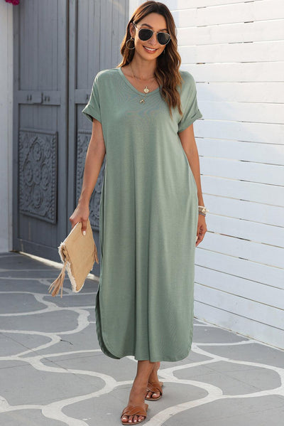 Grass Green V Neck Hidden Pocket Splits Maxi T-shirt Dress