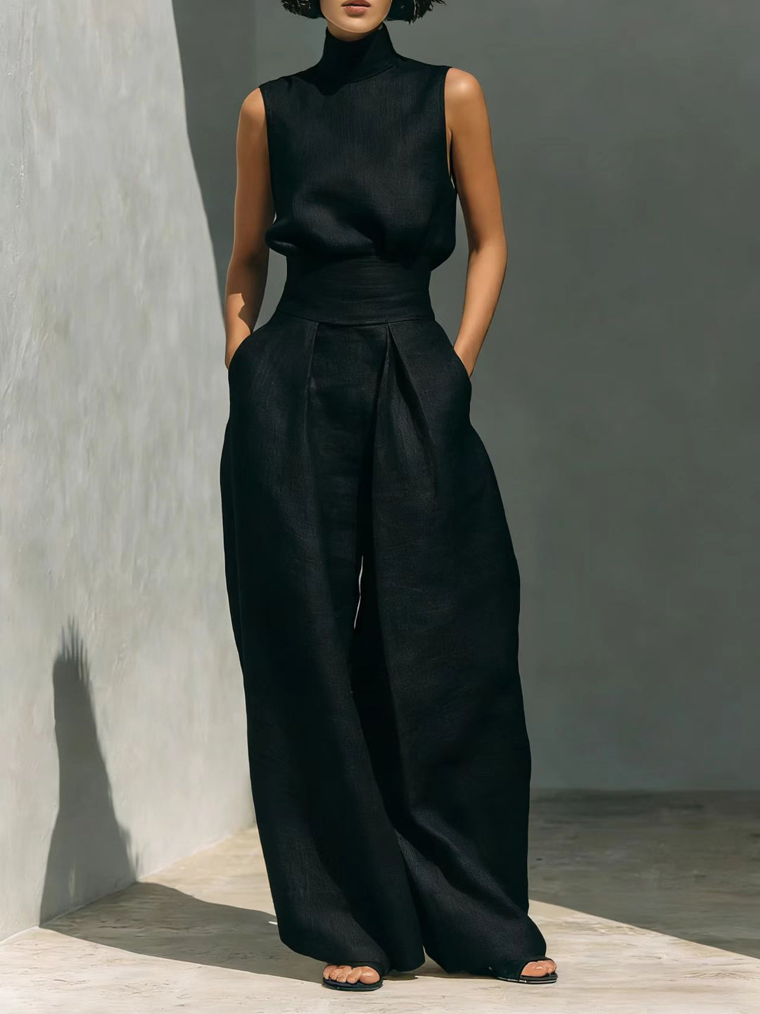 Women’s Cotton Linen Two-Piece Set – Sleeveless Top &amp; Wide-Leg Pants
