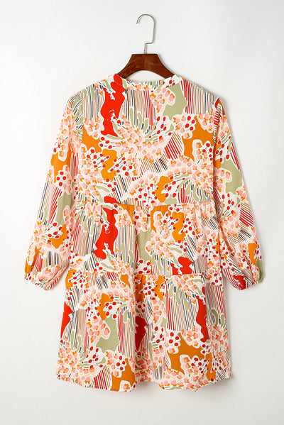 Multicolour Split Neck Puff Sleeve Flowy Printed Dress