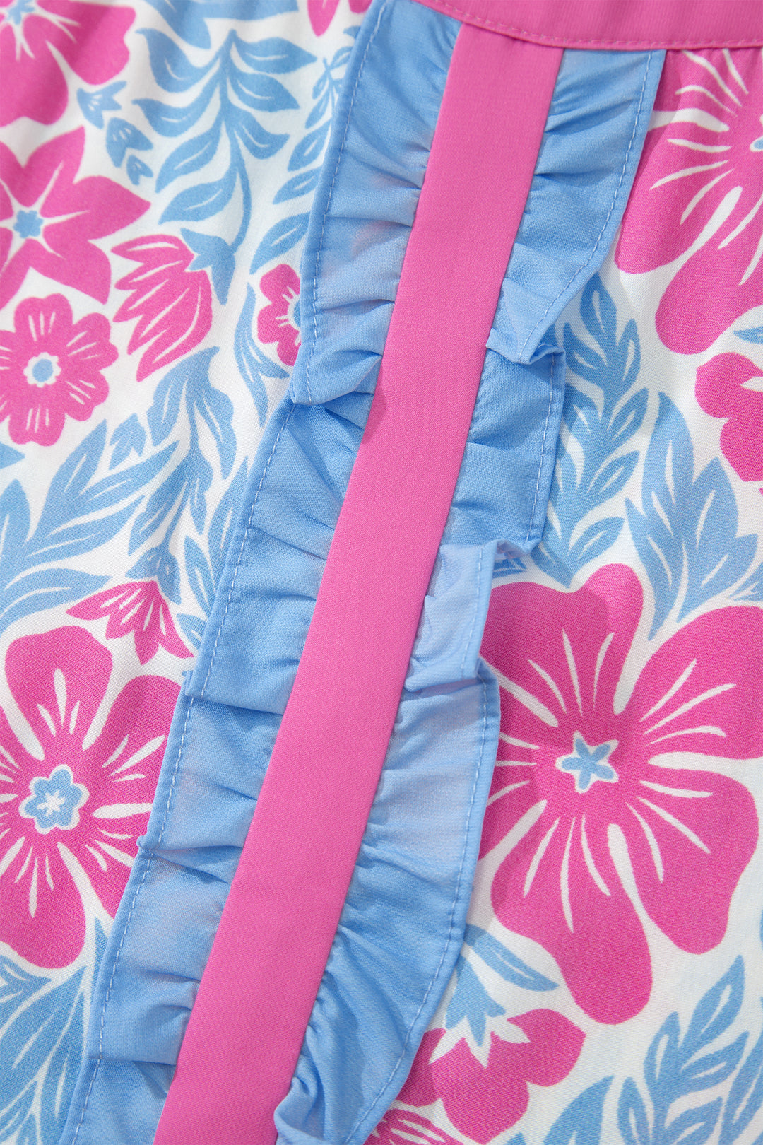 Sky Blue Floral Print Ruffled Color Block Trim Half Sleeve Blouse