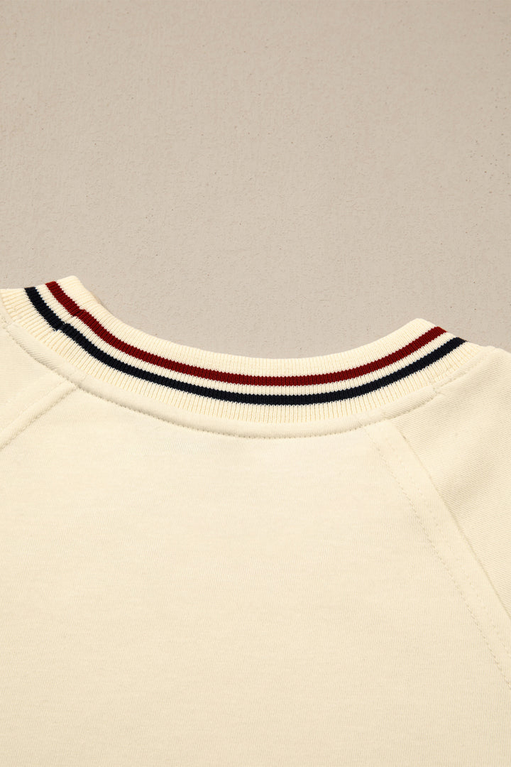 Beige Contrast Varsity Striped Neckline Cuffed Short Sleeve Loose Tunic Top